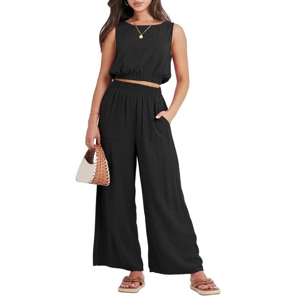 Women’s Summer 2 Piece Outfits Sleeveless Crop Top Tank and Wide Leg Pant